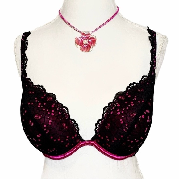 PLUNGE BRA Pink and black Lace Underwire Plunge Adjustable Hook n eye 36DD/36E - Picture 9 of 9